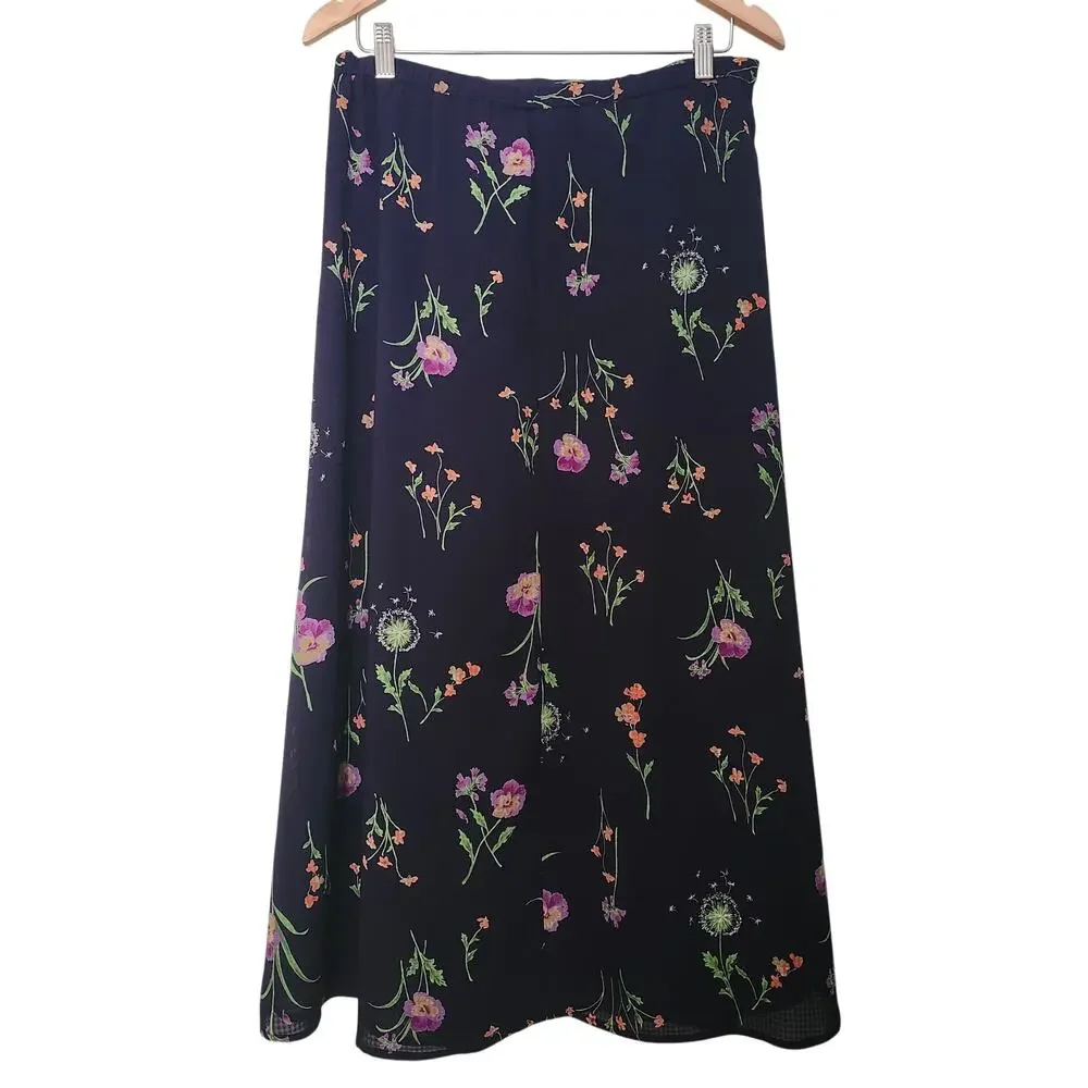 Talbots Textured Navy with Floral Print Cottage Core Maxi Skirt Size 6